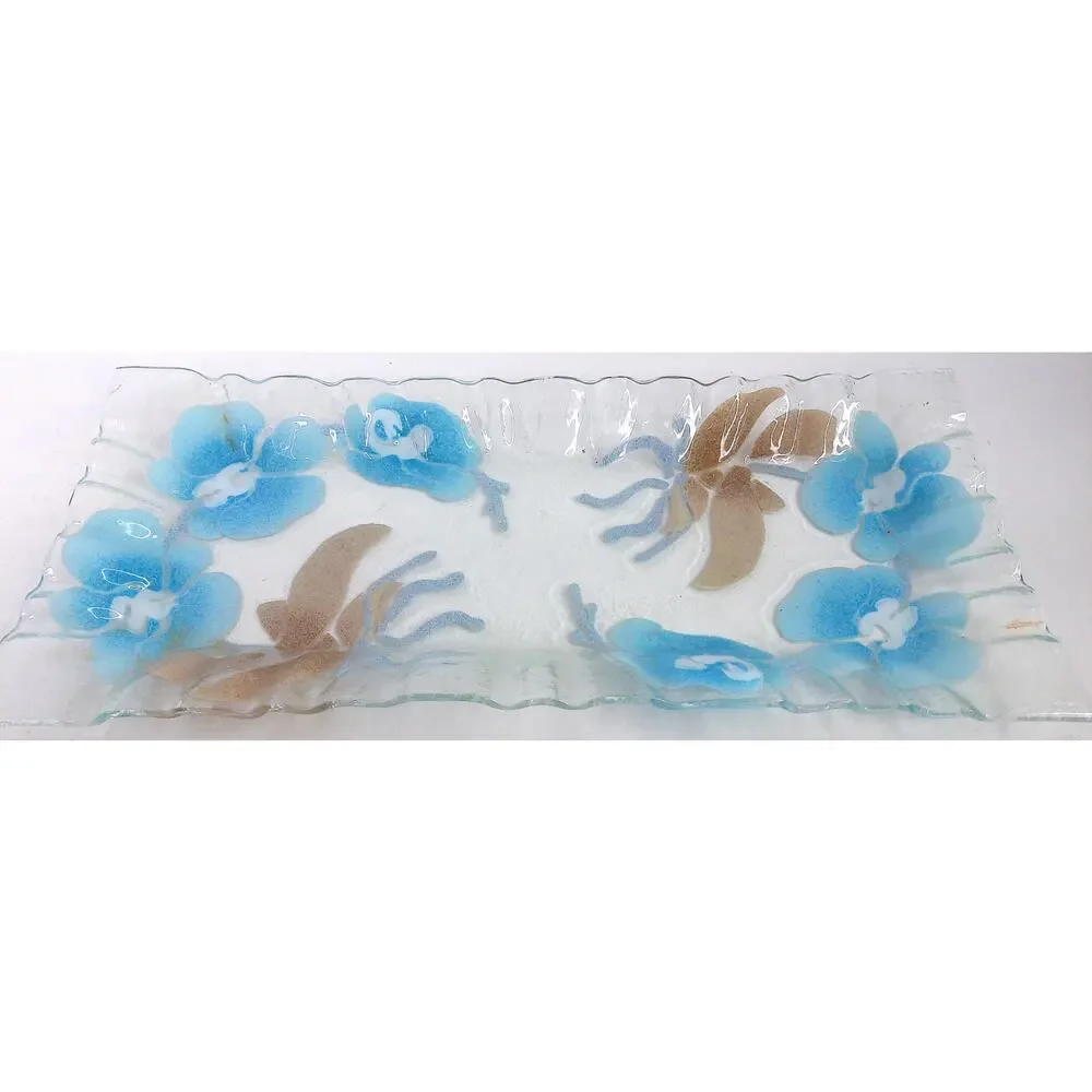 Vtg SYD Sydenstricker Blue Brown Floral Rectangular Ruffled Fused Glass Tray